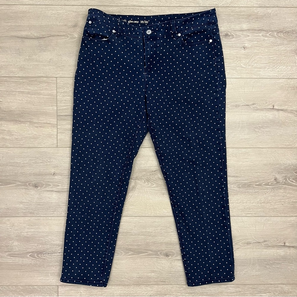 Talbots Signature Slim Crop Jeans Size 10 30 Navy Blue Polka Dots Stretch
